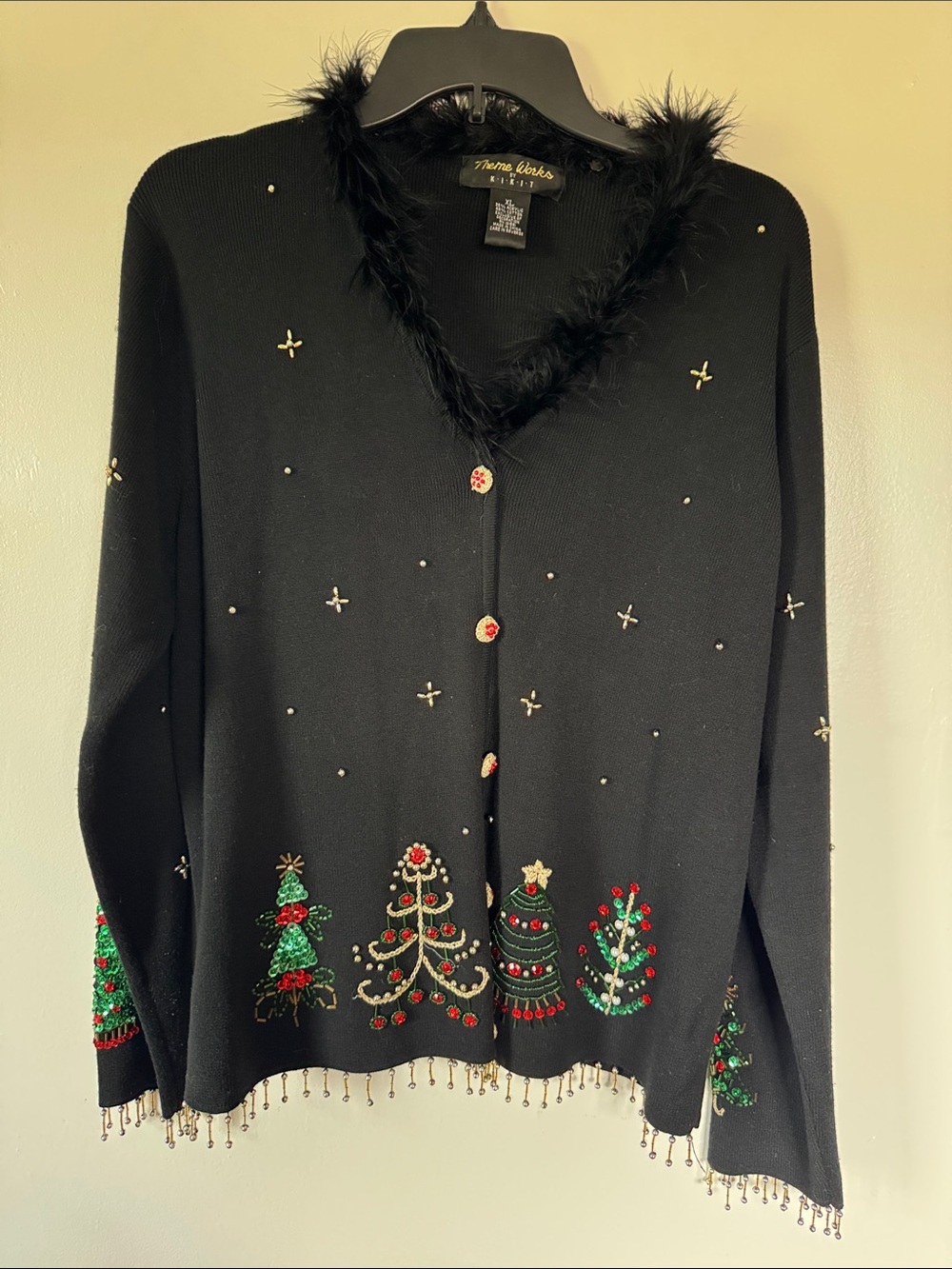 Theme Works Black Embellished Holiday Cardigan with Faux-Feather Trim